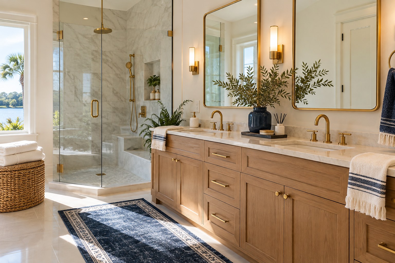 Elegant bathroom with oak vanity and glass shower