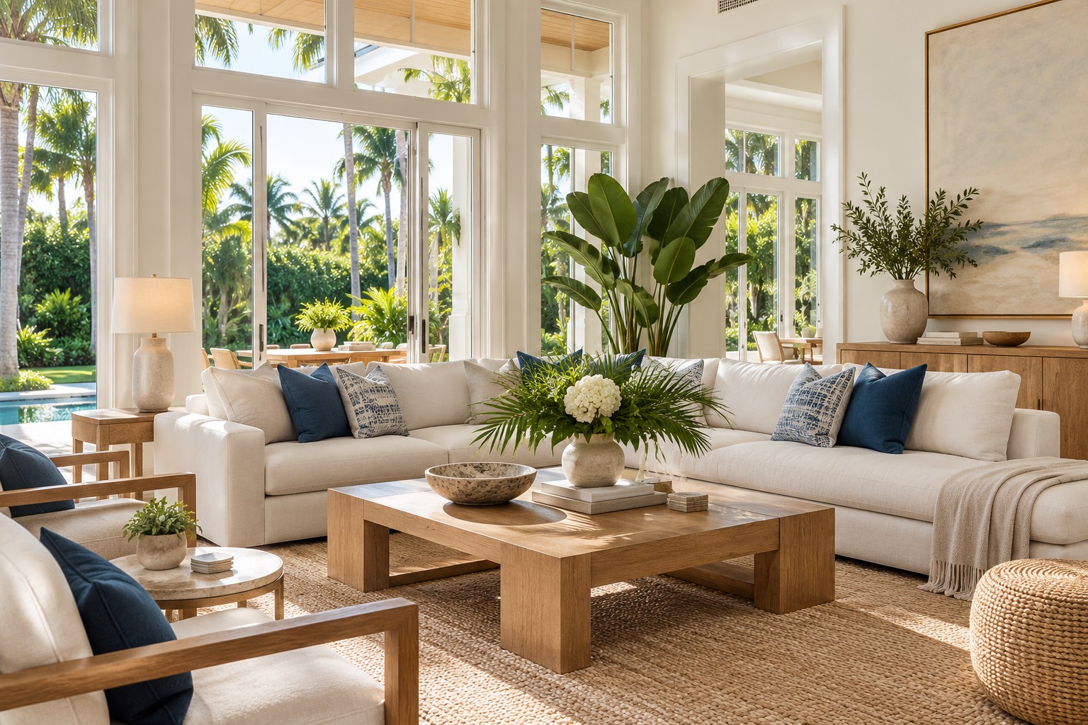 Sunlit living room with ivory sofas, natural wood furniture and navy accents