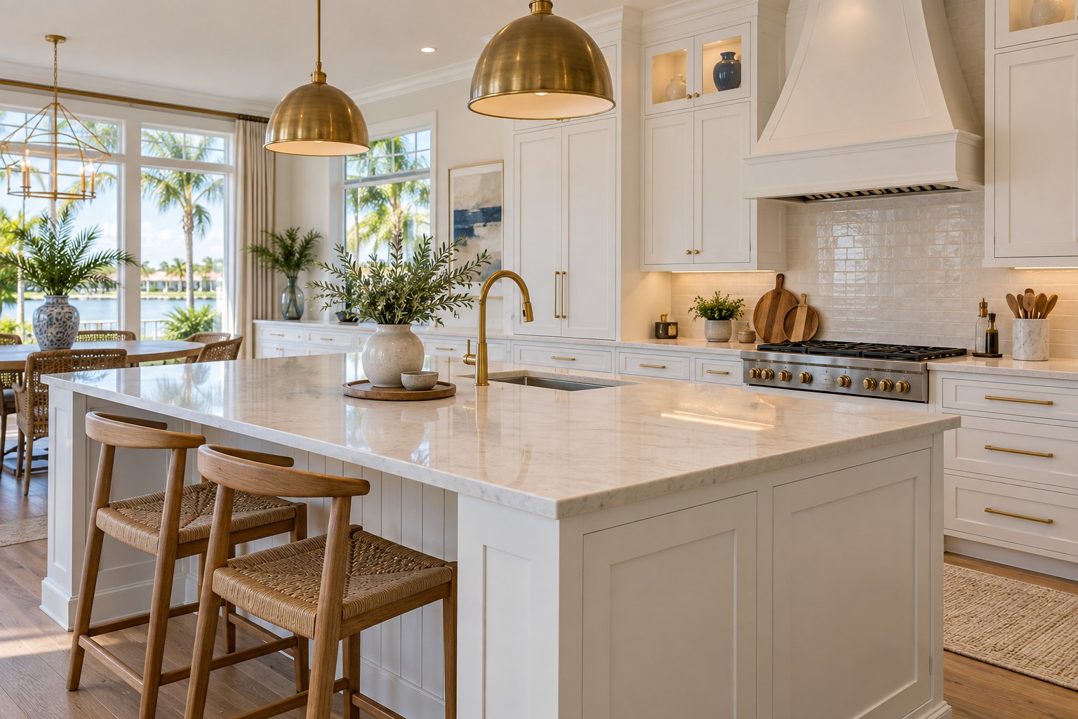Bright kitchen with white cabinets and natural oak accents